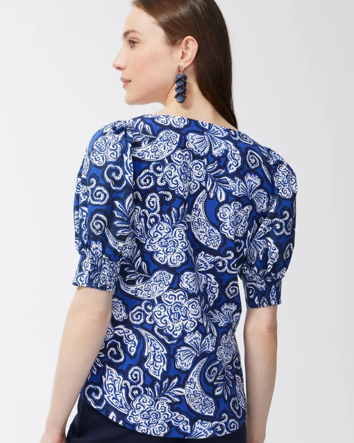 Chico039s Cool Paisley Square Neck Top Blue Grotto Women Tees