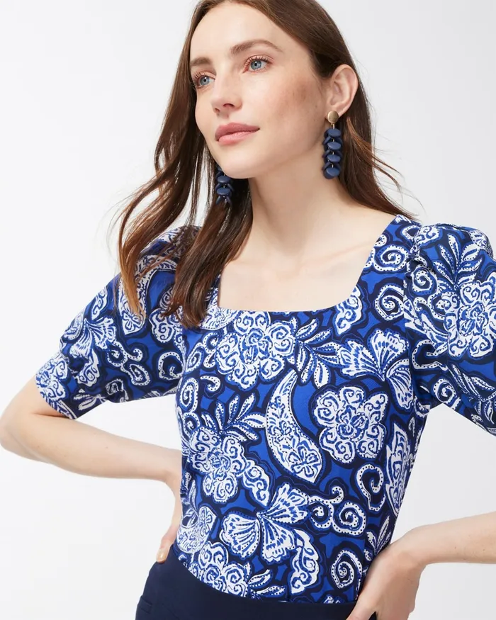Chico039s Cool Paisley Square Neck Top Blue Grotto Women Tees