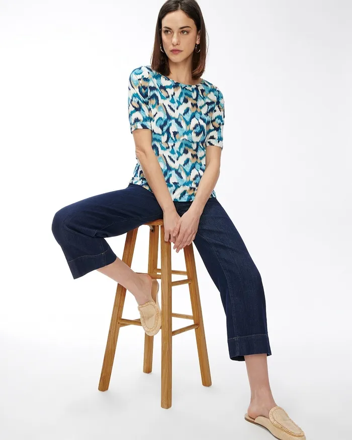 Chico039s Cotton Stretch Ikat Perfect Tee Beach Aqua Women Tops