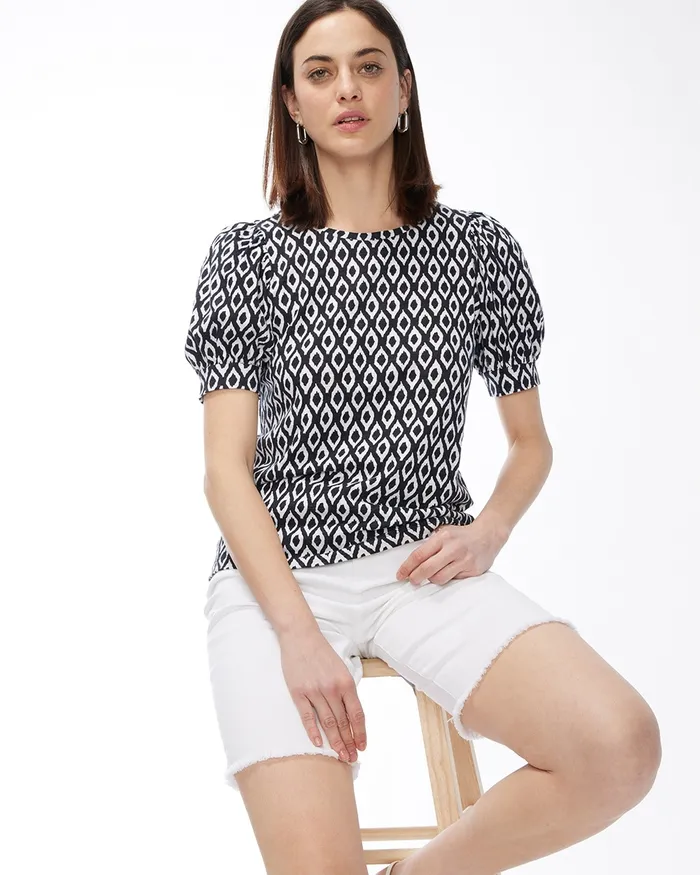 Chico039s Diamond Puff Sleeve Slub Tee Black Women Tops