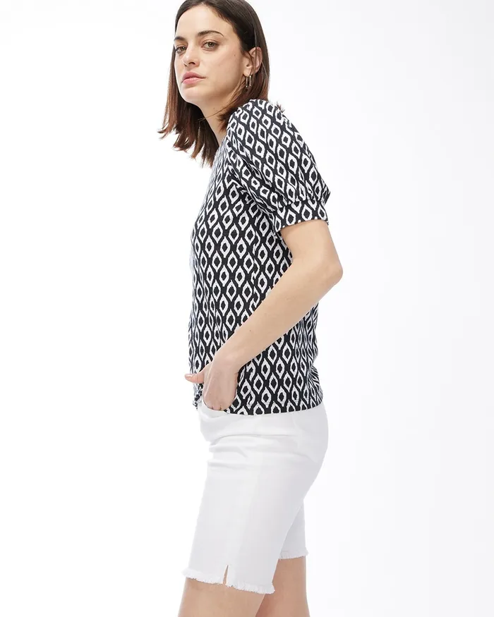 Chico039s Diamond Puff Sleeve Slub Tee Black Women Tops
