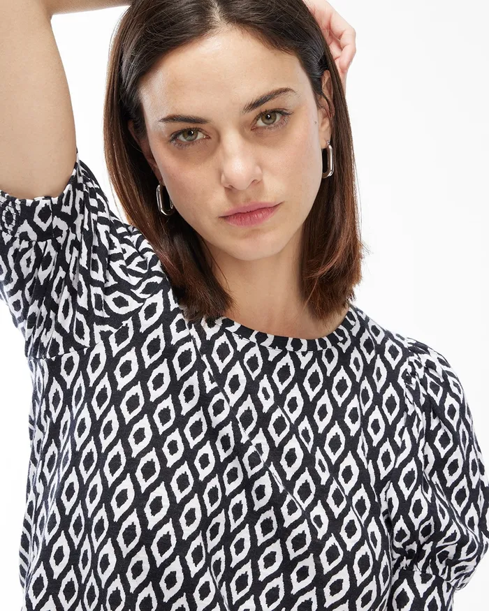Chico039s Diamond Puff Sleeve Slub Tee Black Women Tops