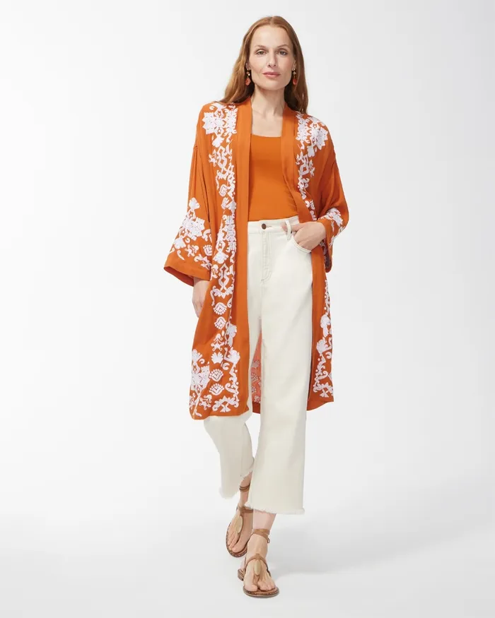 Chico039s Embroidered Kimono Burnished Clay Women Tops