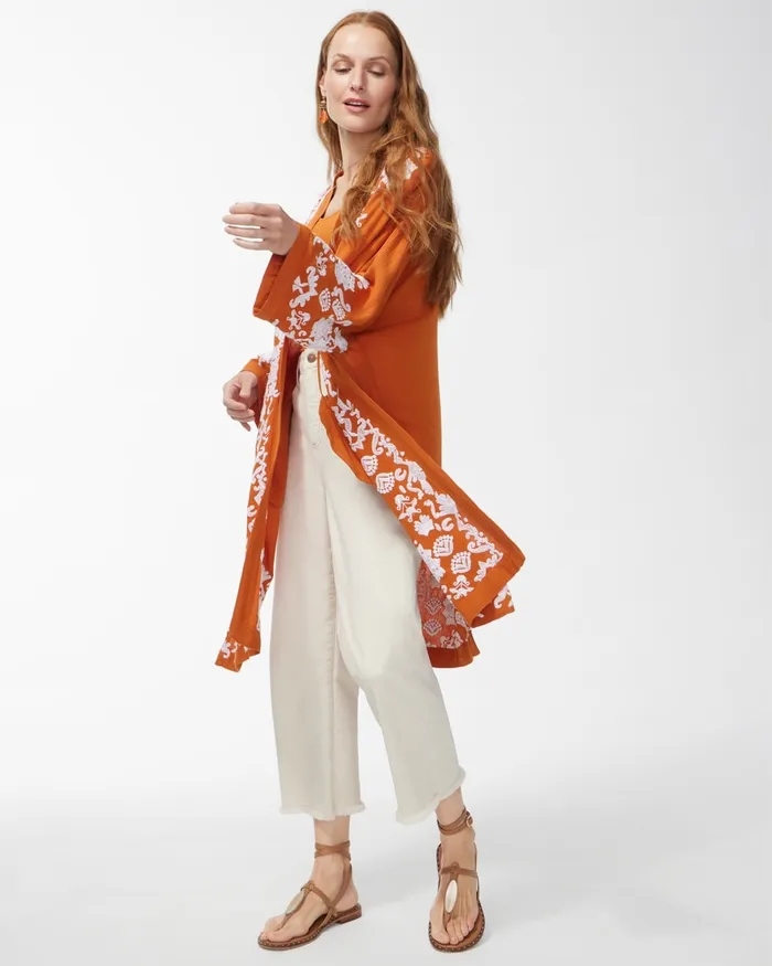 Chico039s Embroidered Kimono Burnished Clay Women Tops