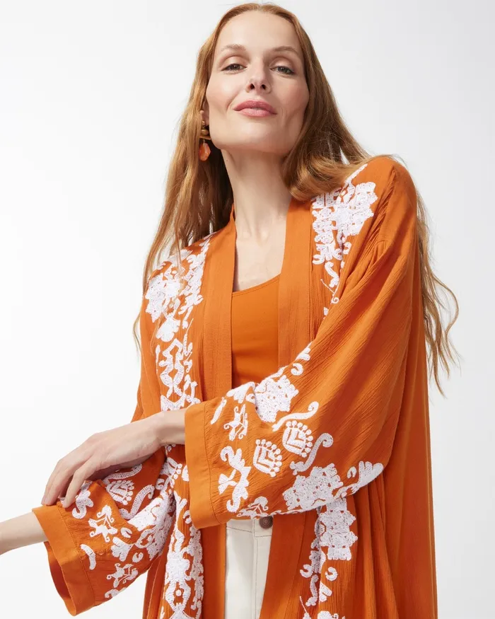 Chico039s Embroidered Kimono Burnished Clay Women Tops