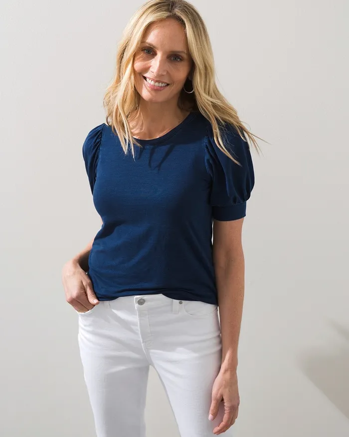 Chico039s Faux Denim Puff Sleeve Slub Tee Riviera Authentic Women Tops