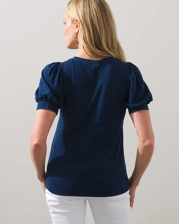 Chico039s Faux Denim Puff Sleeve Slub Tee Riviera Authentic Women Tops