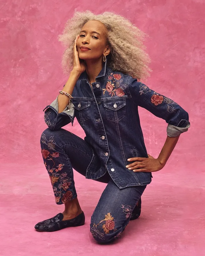 Chico039s Floral Embroidered Denim Jacket Marina Bay Indigo Women Jackets and Coats