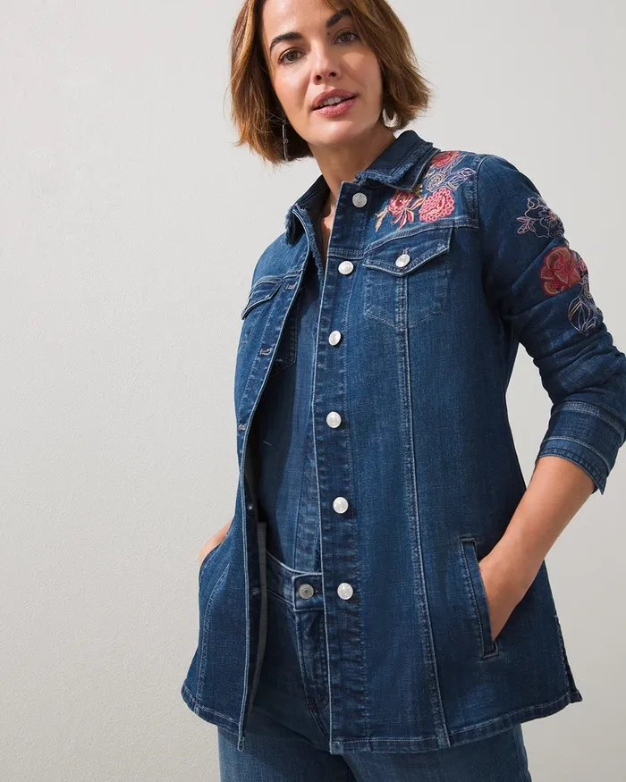 Chico039s Floral Embroidered Denim Jacket Marina Bay Indigo Women Jackets and Coats