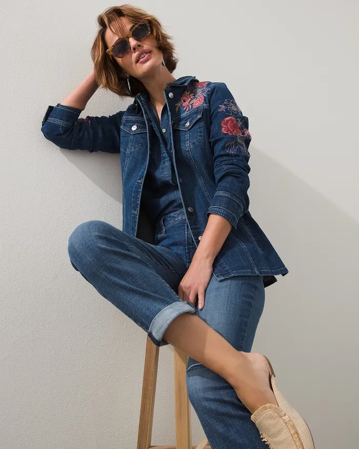 Chico039s Floral Embroidered Denim Jacket Marina Bay Indigo Women Jackets and Coats