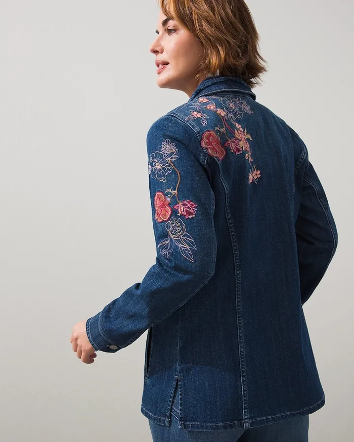 Chico039s Floral Embroidered Denim Jacket Marina Bay Indigo Women Jackets and Coats