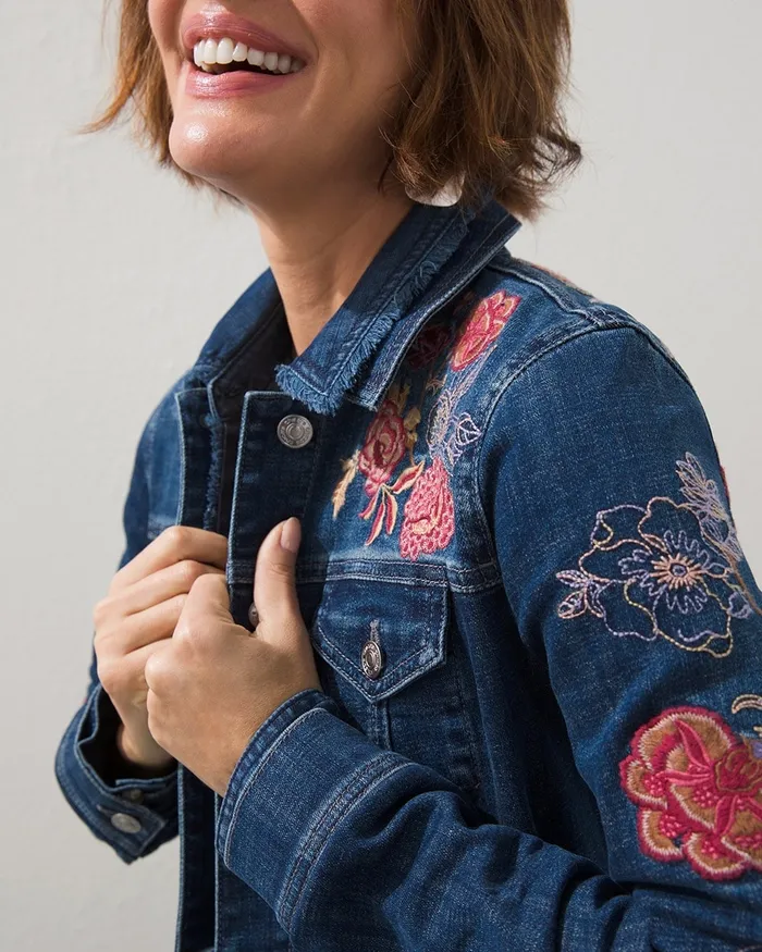 Chico039s Floral Embroidered Denim Jacket Marina Bay Indigo Women Jackets and Coats