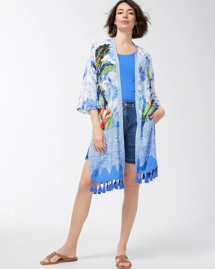 Chico039s Floral Print Kimono Amparo Blue Women Tops