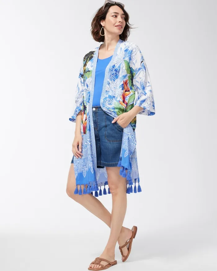 Chico039s Floral Print Kimono Amparo Blue Women Tops