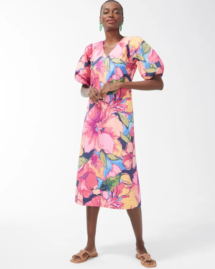 Chico039s Floral Puff Sleeve Midi Dress Strawberry Margarita Women Dresses and Skirts