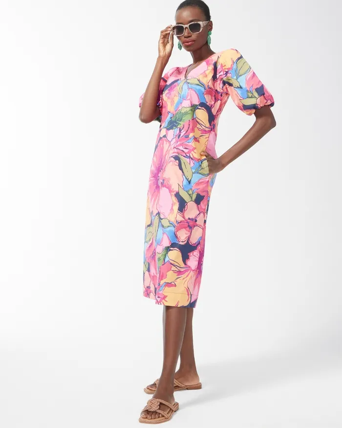 Chico039s Floral Puff Sleeve Midi Dress Strawberry Margarita Women Dresses and Skirts