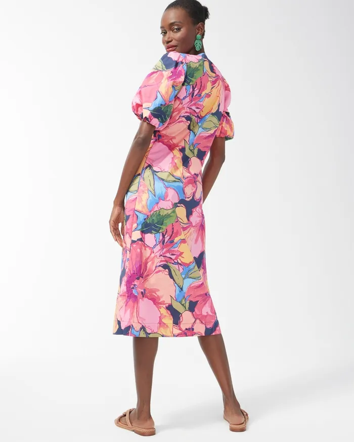 Chico039s Floral Puff Sleeve Midi Dress Strawberry Margarita Women Dresses and Skirts