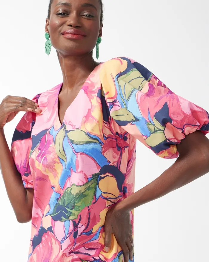 Chico039s Floral Puff Sleeve Midi Dress Strawberry Margarita Women Dresses and Skirts
