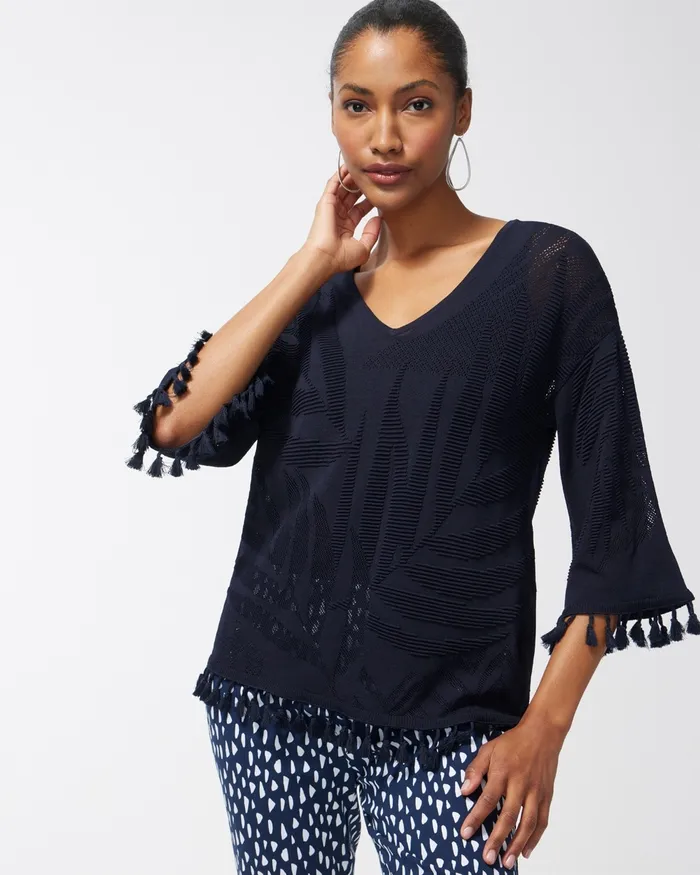 Chico039s Fringe Pullover Top Classic Navy Women Sweaters