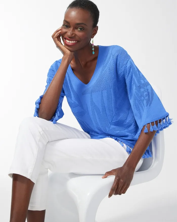 Chico039s Fringe Pullover Top Classic Navy Women Sweaters