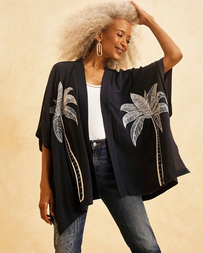 Chico039s Gauze Embroidered Ruana Classic Navy Women Tops