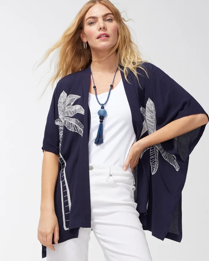 Chico039s Gauze Embroidered Ruana Classic Navy Women Tops