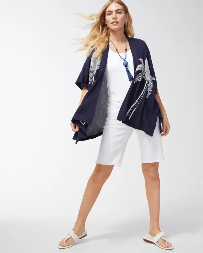 Chico039s Gauze Embroidered Ruana Classic Navy Women Tops
