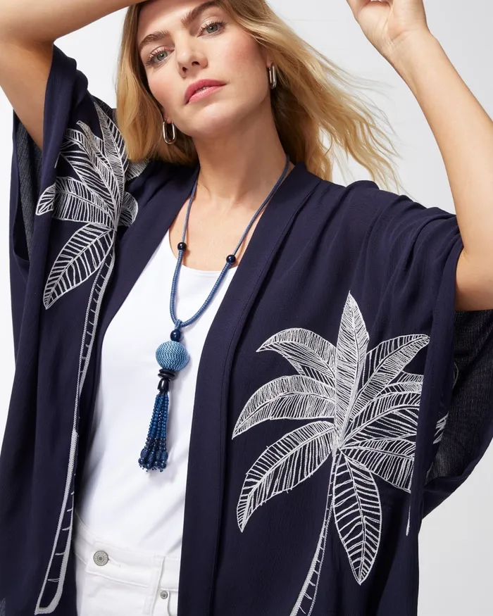 Chico039s Gauze Embroidered Ruana Classic Navy Women Tops