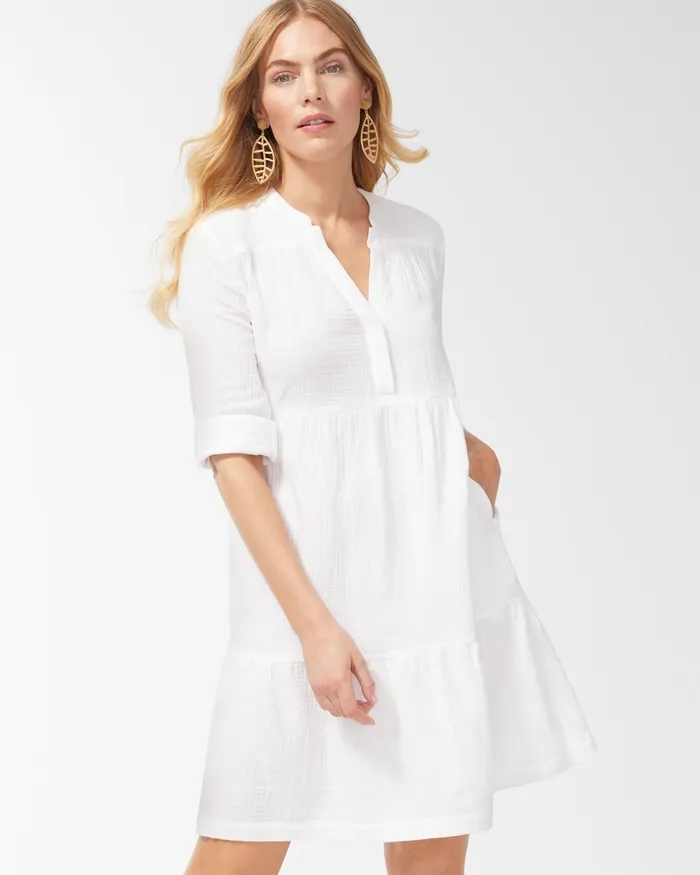 Chico039s Gauze Tiered Dress Alabaster Women Dresses and Skirts