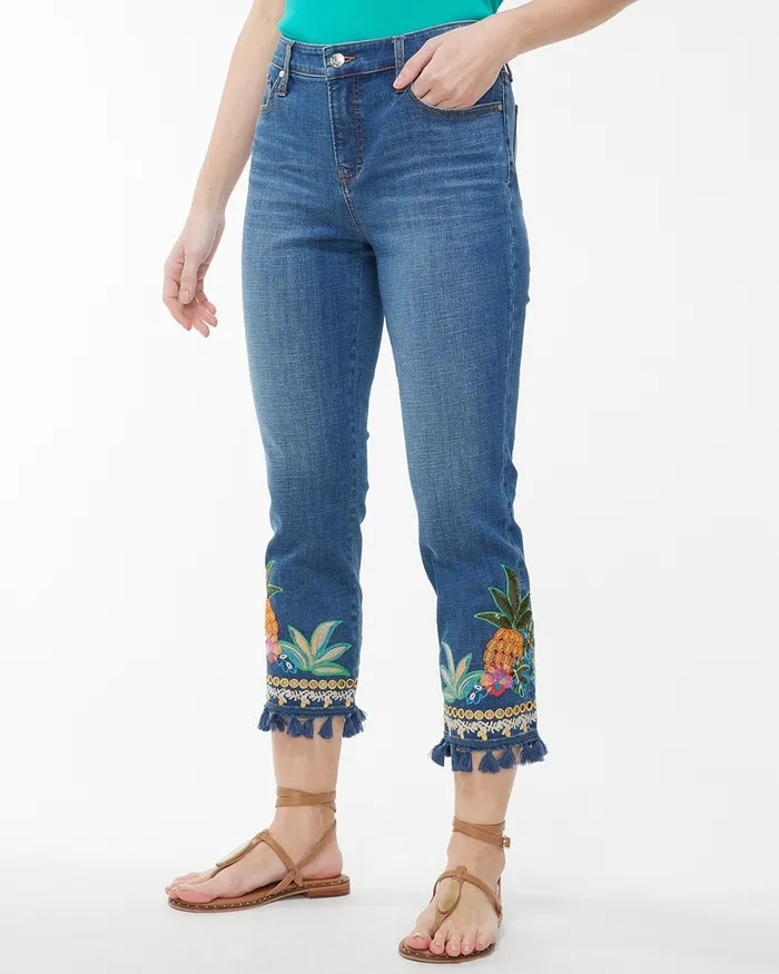 Chico039s Girlfriend Embellished Pineapple Crops Palomino Indigo Women Jeans and Denim