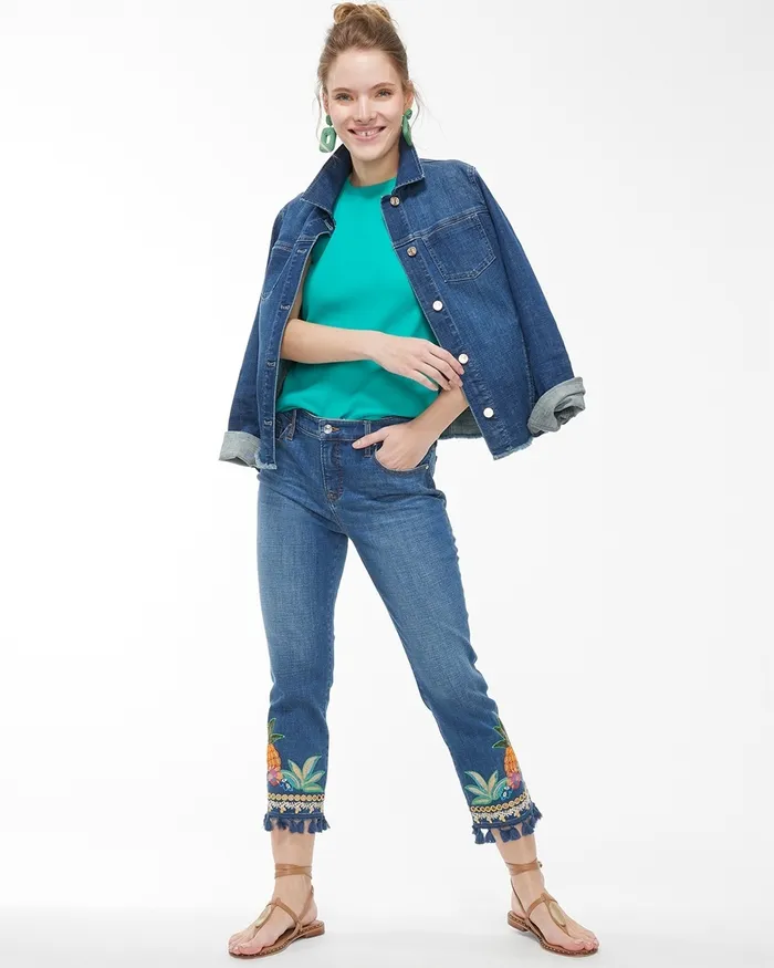 Chico039s Girlfriend Embellished Pineapple Crops Palomino Indigo Women Jeans and Denim