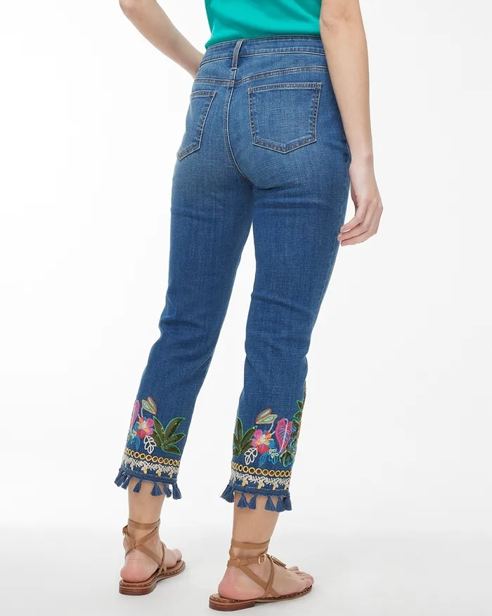 Chico039s Girlfriend Embellished Pineapple Crops Palomino Indigo Women Jeans and Denim