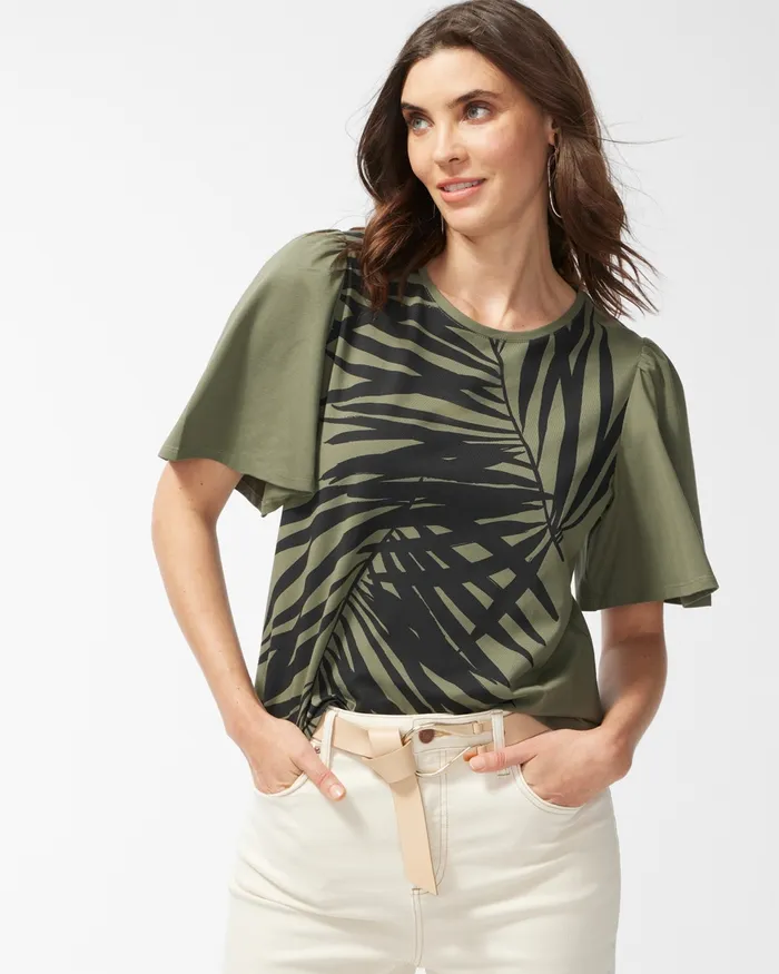 Chico039s Green Palm Print Flounce Sleeve Tee Dark Moss Women Tees
