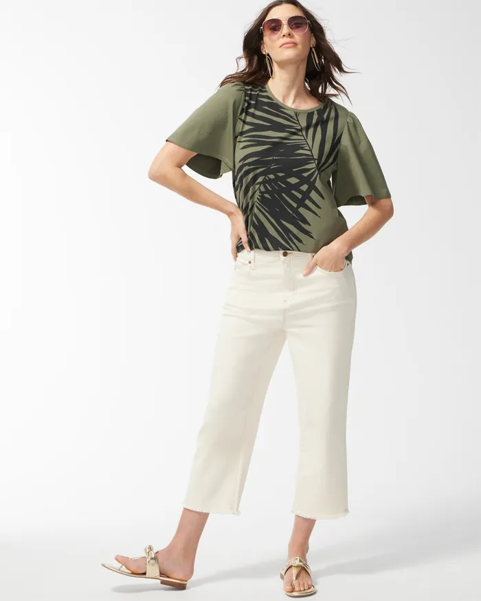 Chico039s Green Palm Print Flounce Sleeve Tee Dark Moss Women Tees