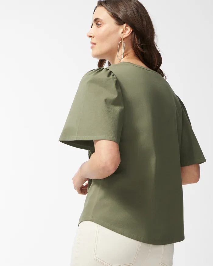 Chico039s Green Palm Print Flounce Sleeve Tee Dark Moss Women Tees