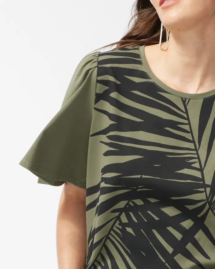 Chico039s Green Palm Print Flounce Sleeve Tee Dark Moss Women Tees