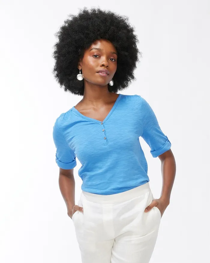 Chico039s Henley Elbow Sleeve Slub Tee Regatta Blue Women Tops