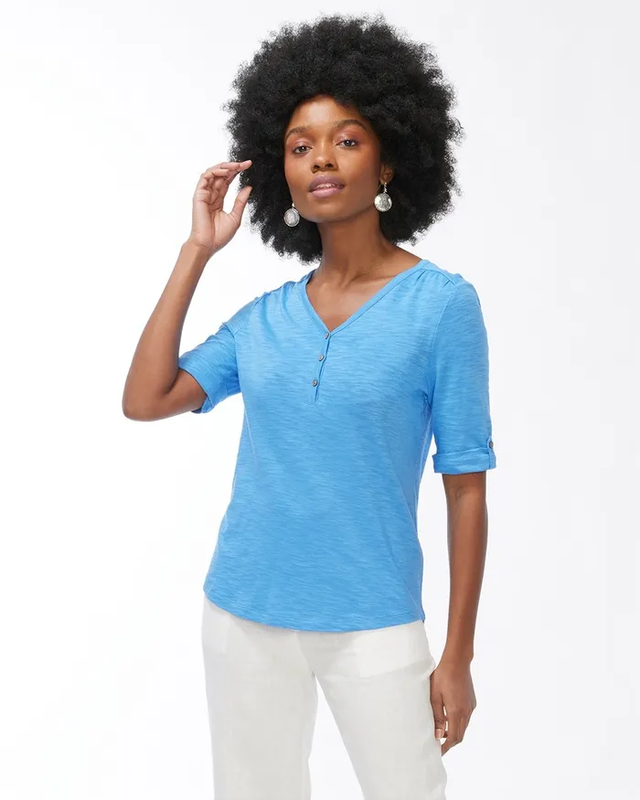 Chico039s Henley Elbow Sleeve Slub Tee Regatta Blue Women Tops