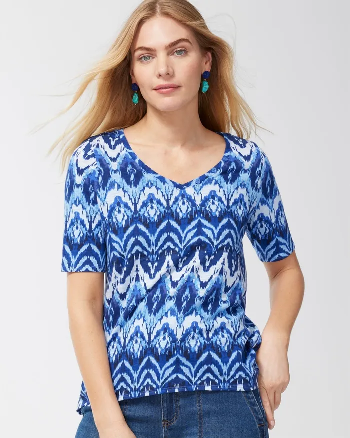 Chico039s Ikat Button Detail Cotton Slub Tee Amparo Blue Women Tees