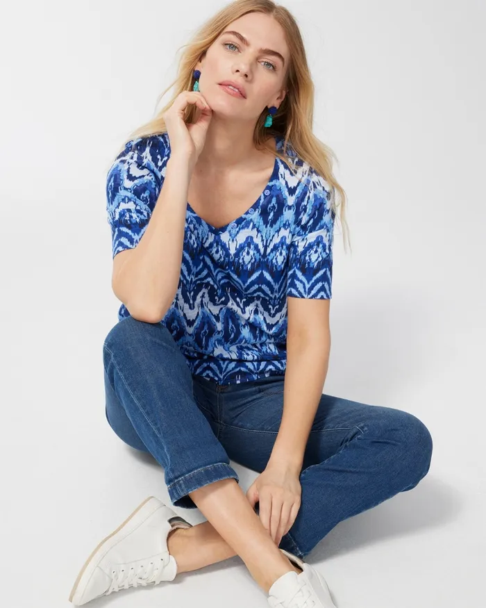 Chico039s Ikat Button Detail Cotton Slub Tee Amparo Blue Women Tees