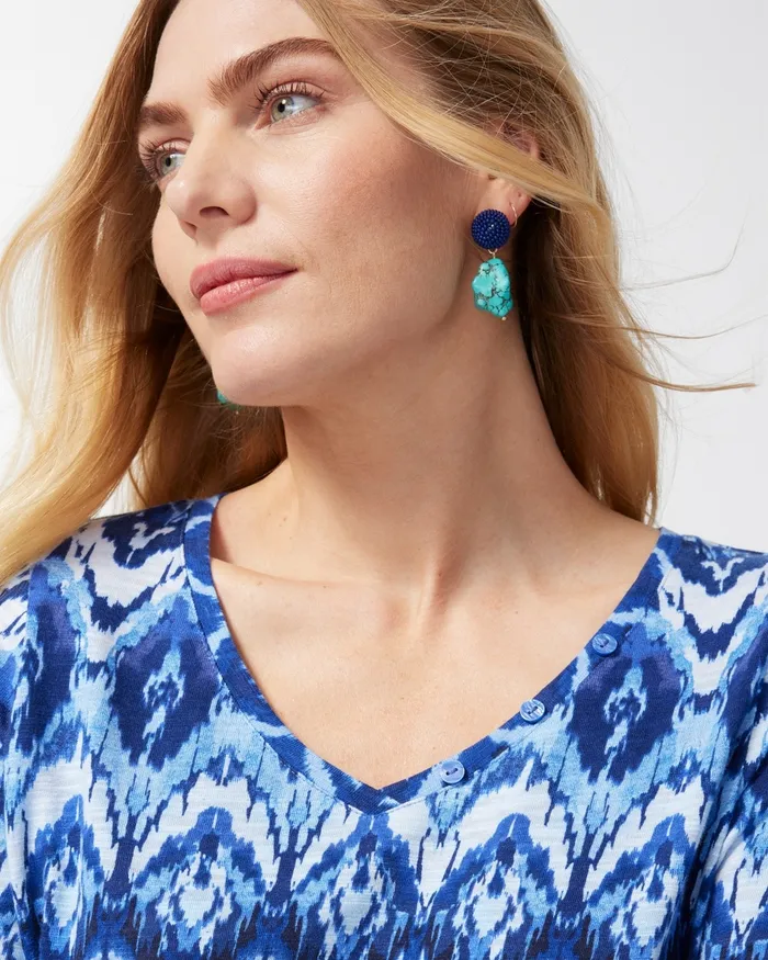 Chico039s Ikat Button Detail Cotton Slub Tee Amparo Blue Women Tees