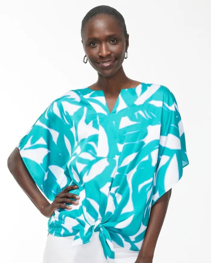 Chico039s Leaf Print TieFront Top Harbour Green Women Tops