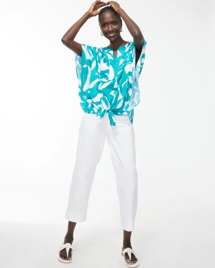 Chico039s Leaf Print TieFront Top Harbour Green Women Tops