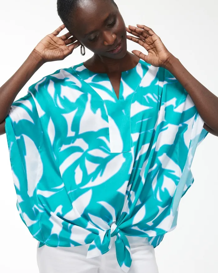 Chico039s Leaf Print TieFront Top Harbour Green Women Tops