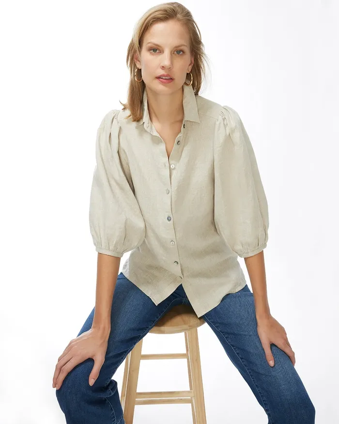 Chico039s Linen Billow Sleeve Shirt Oatmeal Women Tops