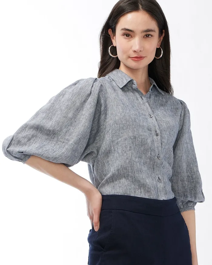 Chico039s Linen Billow Sleeve Shirt Oatmeal Women Tops
