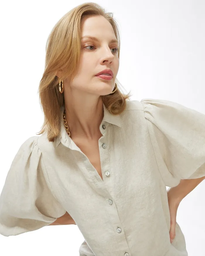 Chico039s Linen Billow Sleeve Shirt Oatmeal Women Tops