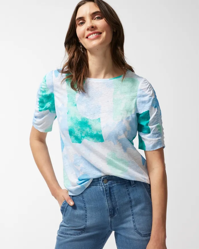 Chico039s Linen Confetti Ruched Sleeve Tee Botanical Blue Women Tops