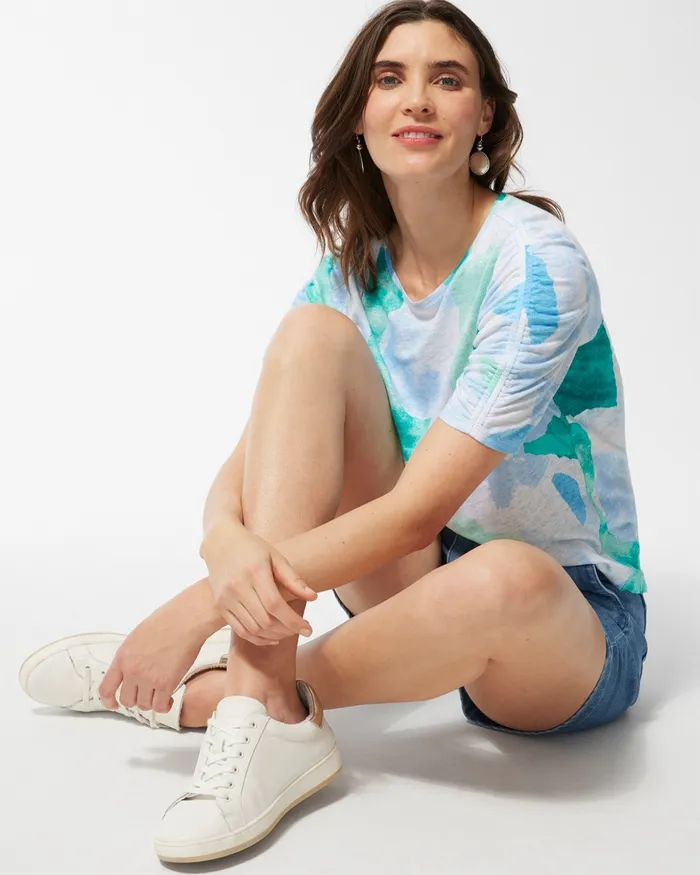 Chico039s Linen Confetti Ruched Sleeve Tee Botanical Blue Women Tops