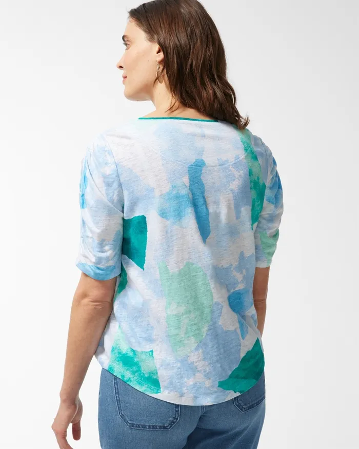 Chico039s Linen Confetti Ruched Sleeve Tee Botanical Blue Women Tops
